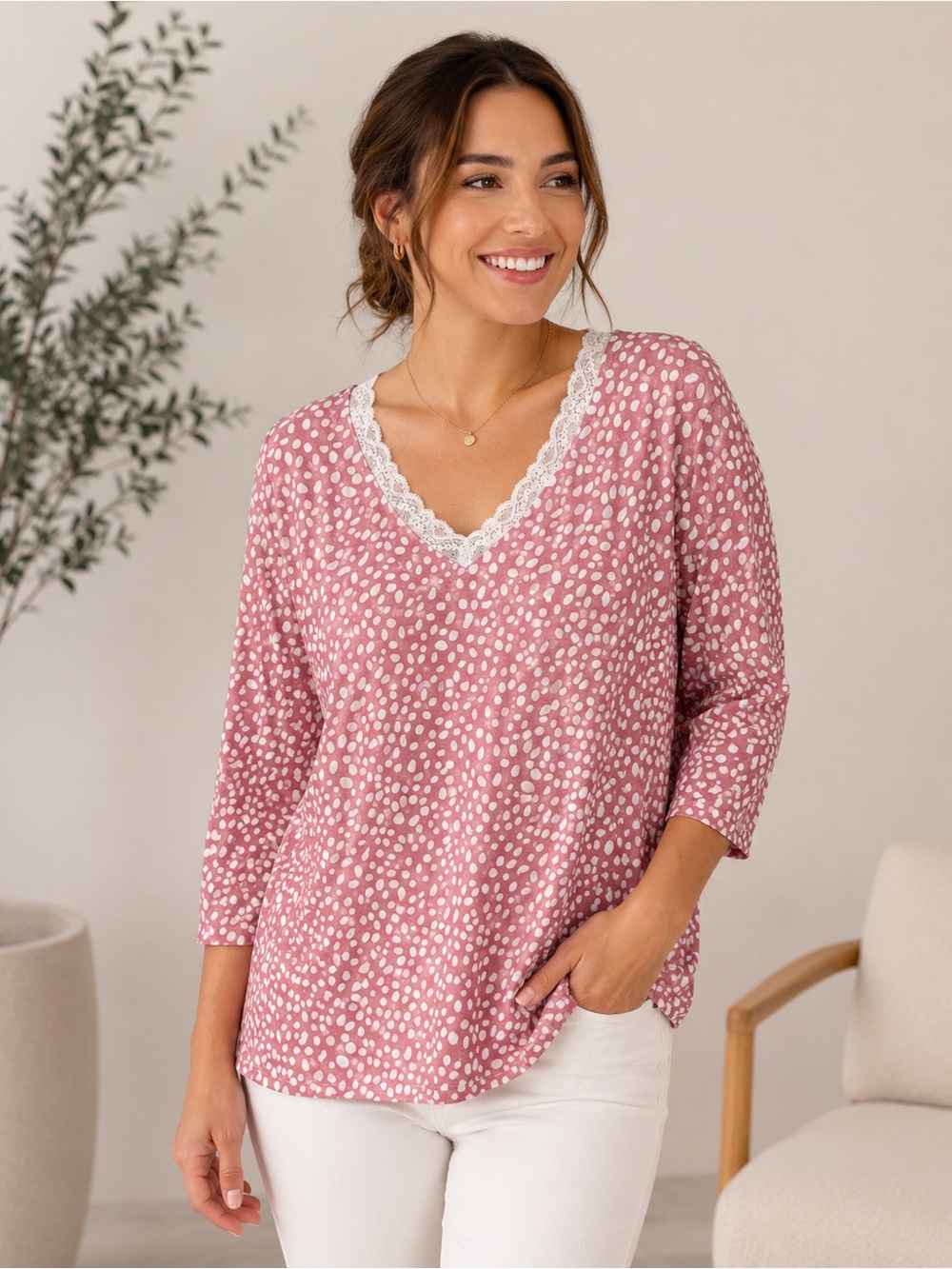 Wiholl Pink Printed Lace Trim Top Size XXL